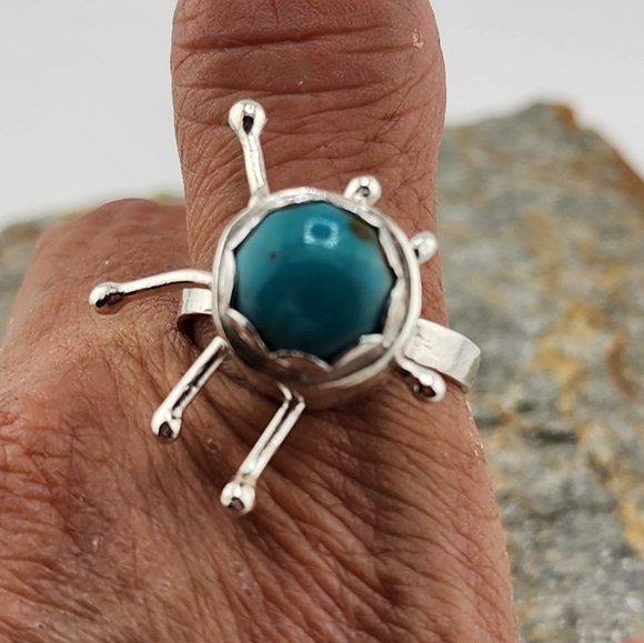 TURQUOISE ANXIETY RING HANDMADE IN STERLING SILVER METAL SIZE 9 - Picture 2 of 7